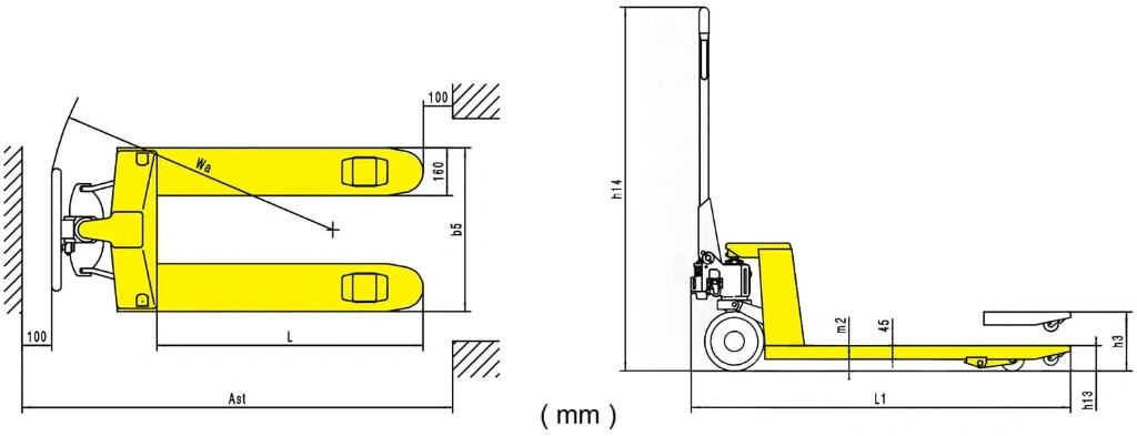 Måttskiss för manuell pallyftare RPV2500CT/RPV3000CT