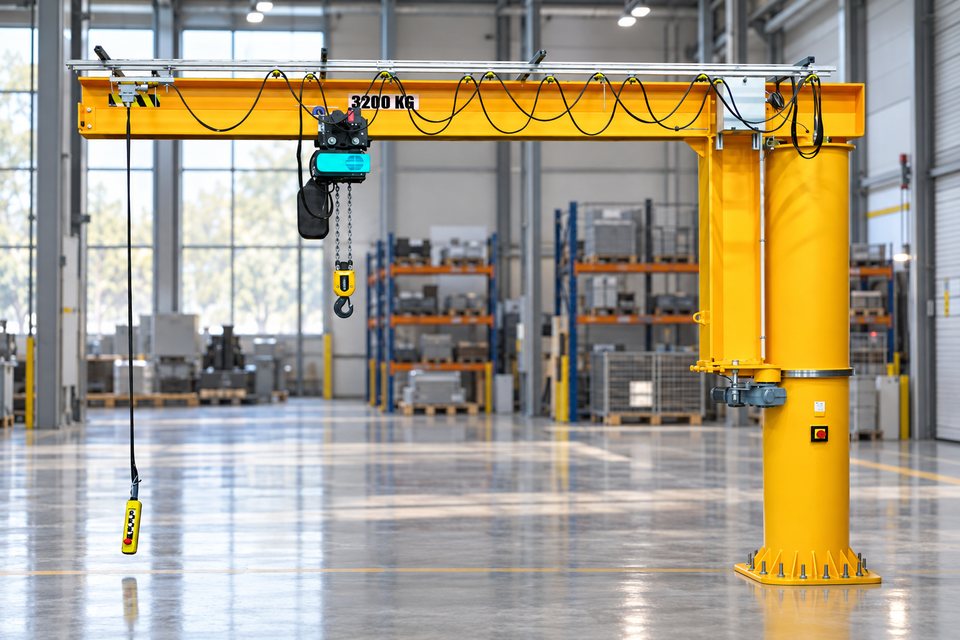 Comege RSD helsvängande pelarsvängkran med elektrisk kättingtelfer i en industrihall